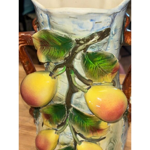 Antique Majolica Birch Tree Vase with applied Pears and Leaves 11 - Picture 15 of 16